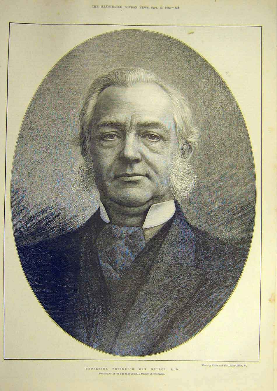 Original Old Antique Print 1892 Professor Muller Portrait Oriental Congress 19th
