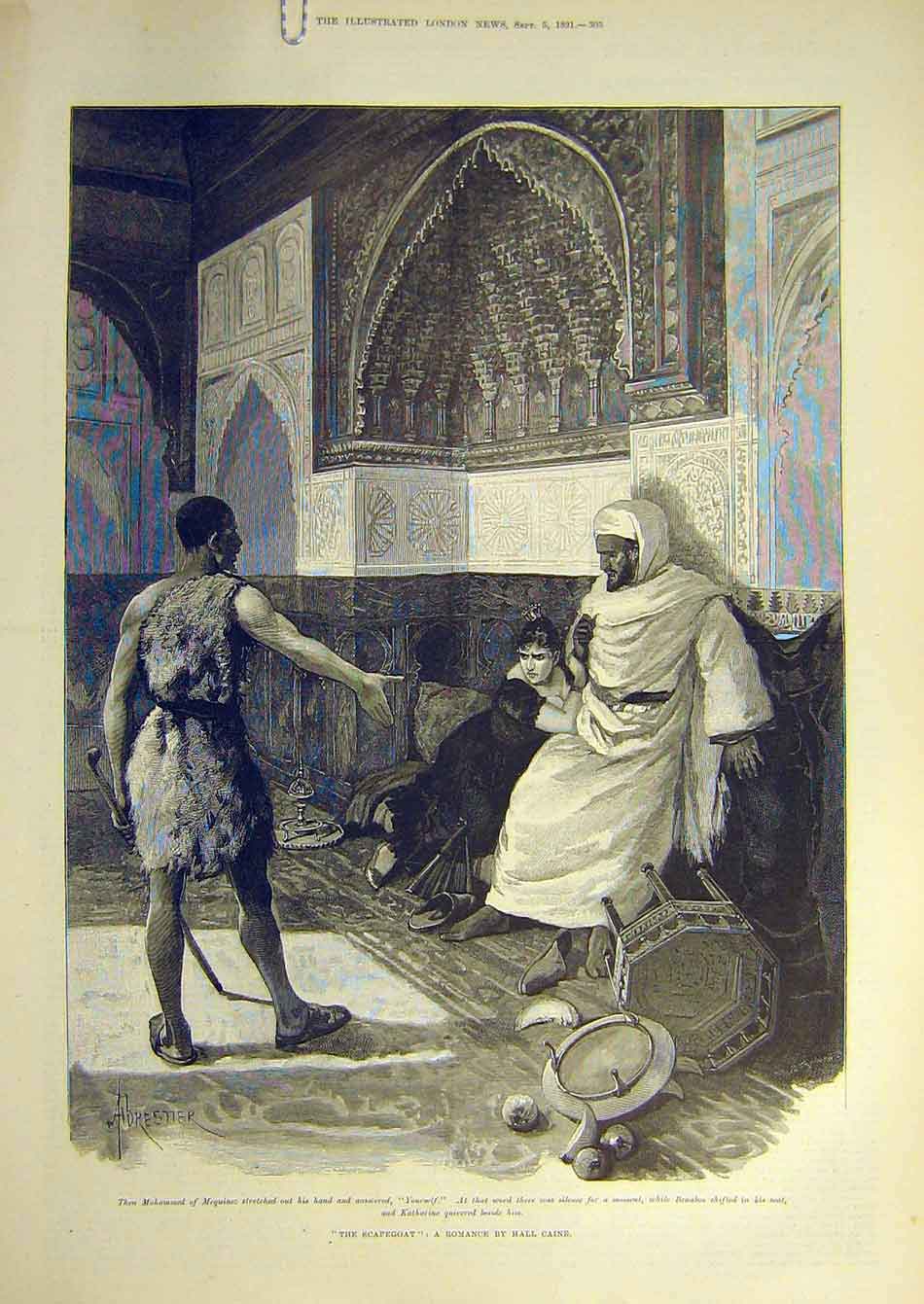 Original Old Antique Print 1891 Scapegoat Romance Caine Mequinez Benaboo 19th