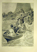 Original Old Antique Print 1895 Visitors Lighthouse Boat Lady Sea 19th