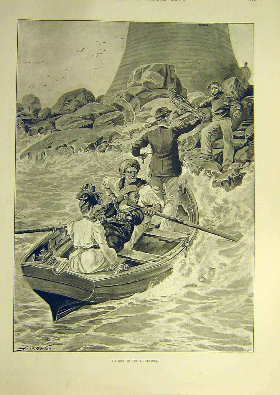 Original Old Antique Print 1895 Visitors Lighthouse Boat Lady Sea 19th