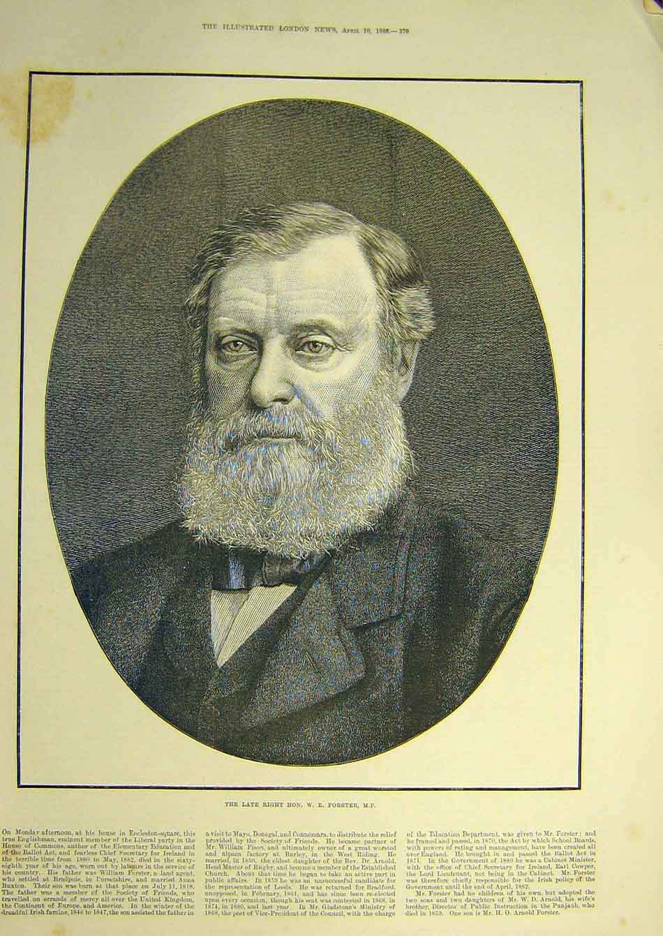 Original Old Antique Print 1886 Portrait Forster Liberal House Commons Victorian