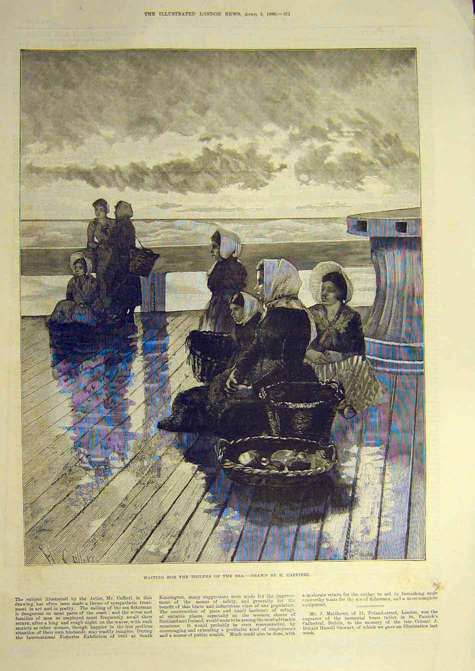 Original Old Antique Print 1886 Toilers Sea Caffieri Women Fishermen Waiting