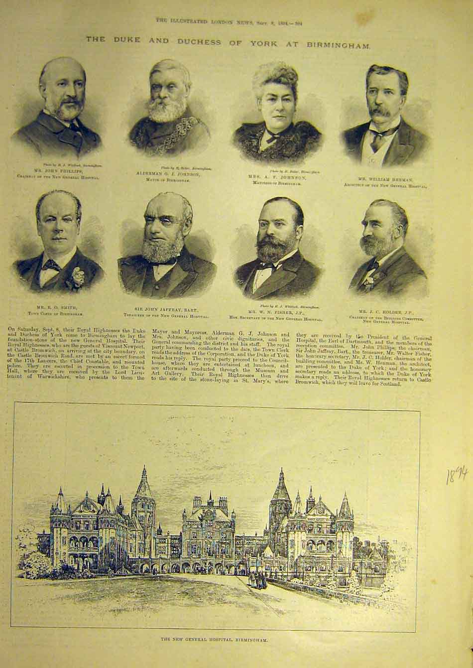 Original Old Antique Print 1894 Portraits Genreal Hospital Birmingham Victorian