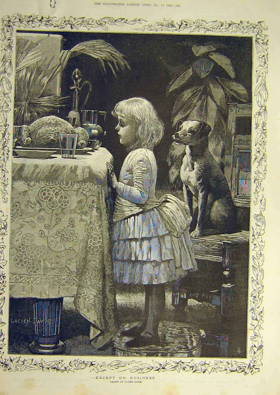 Original Old Antique Print 1885 Davis Child Girl Dog Dinner-Table Fine Art 19th