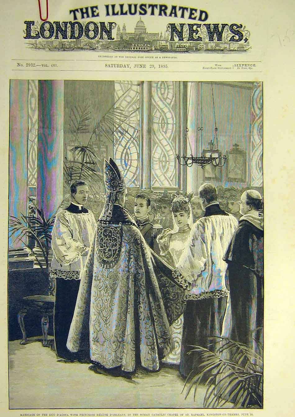 Old Antique Print 1895 Marriage Duke D'Aosta Princess D'Orleans Catholic 19th