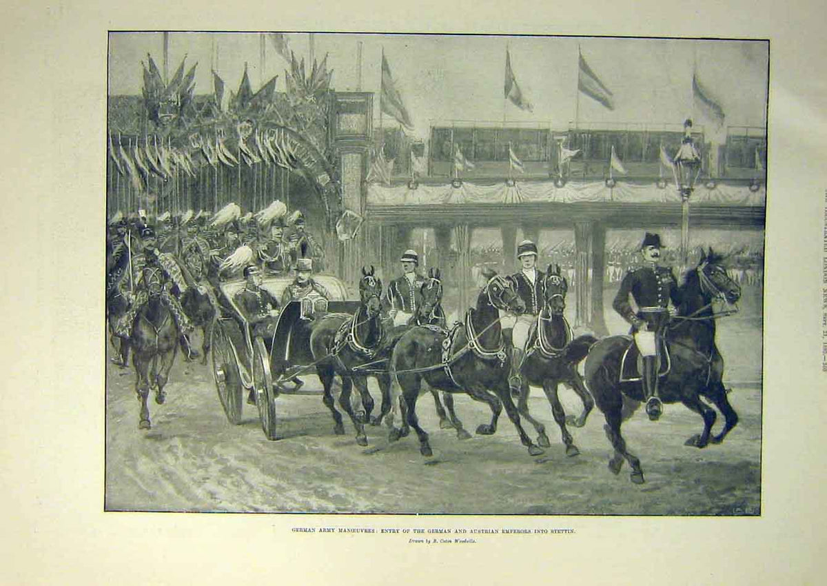 Original Old Antique Print 1895 German Army Manoeuvres Austrian Emperors Stettin