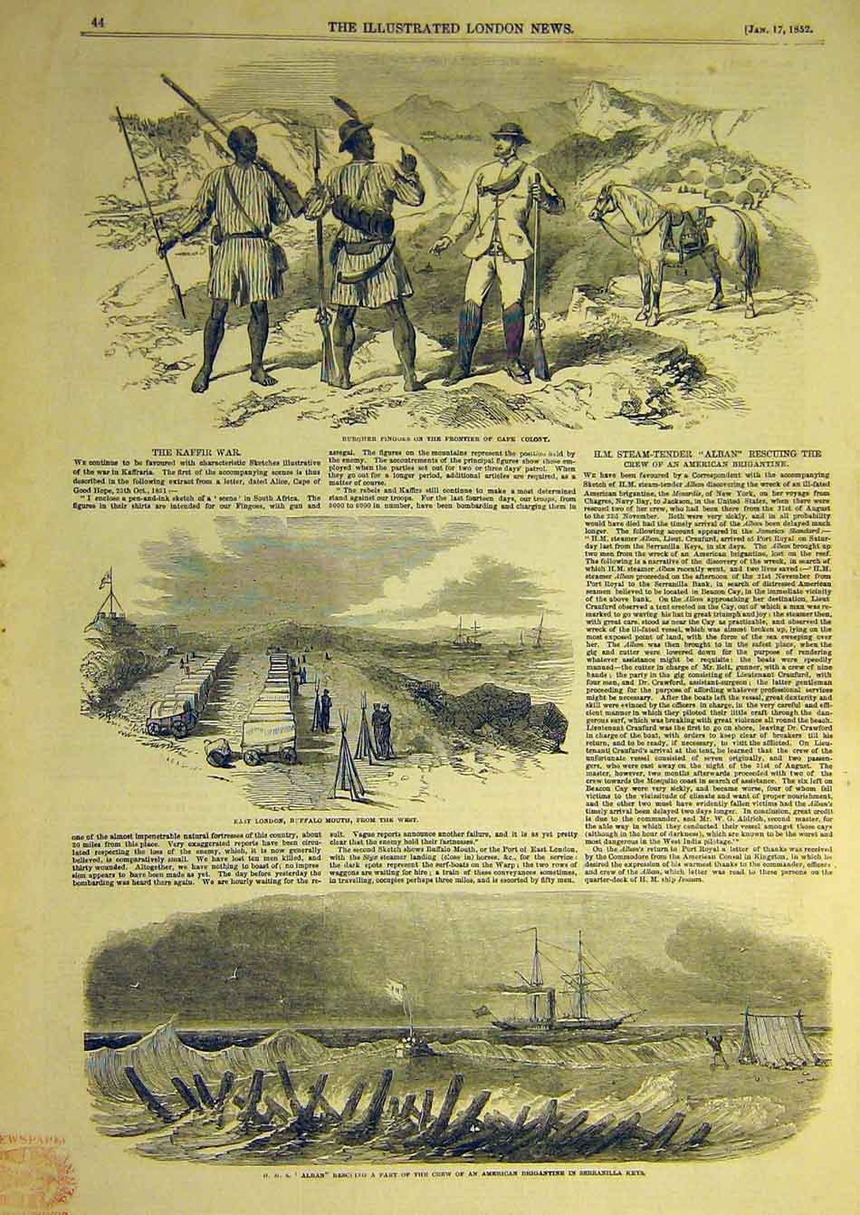 Original Old Antique Print 1852 Hms Alban East-London Kaffir War Cape Africa