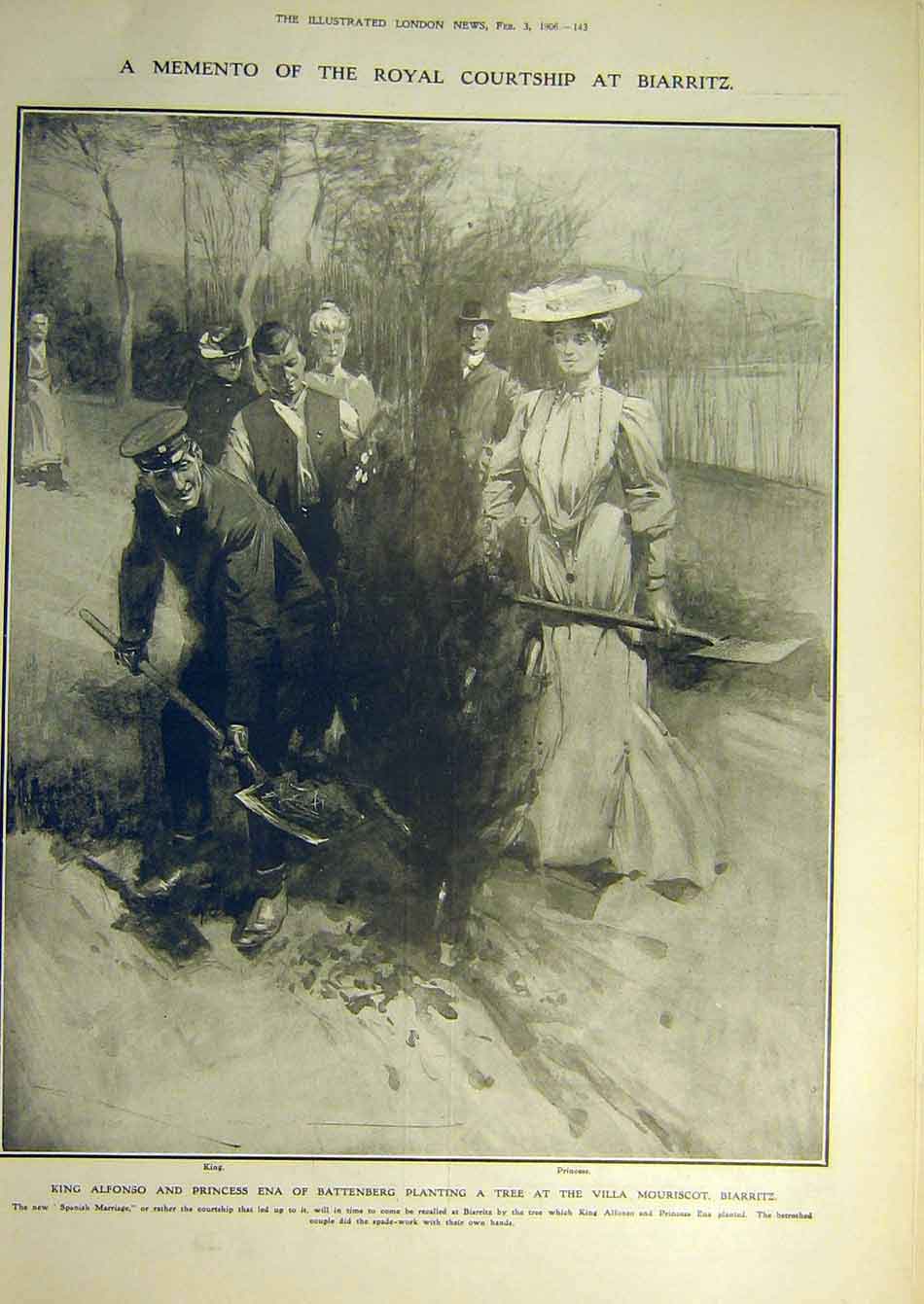Old Antique Print 1906 King Alfonso Princess Ena Tree Biarritz Mouriscot 20th