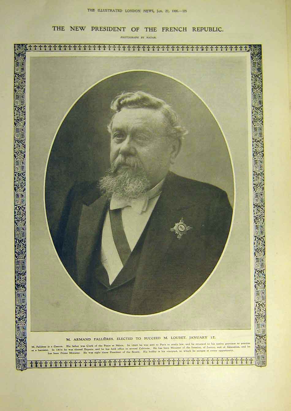 Original Old Antique Print 1906 Fallieres Gascon Portrait President France 20th