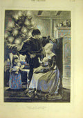 Original Old Antique Print 1881 Baby First Christmas Family Child Weeks Fine Art