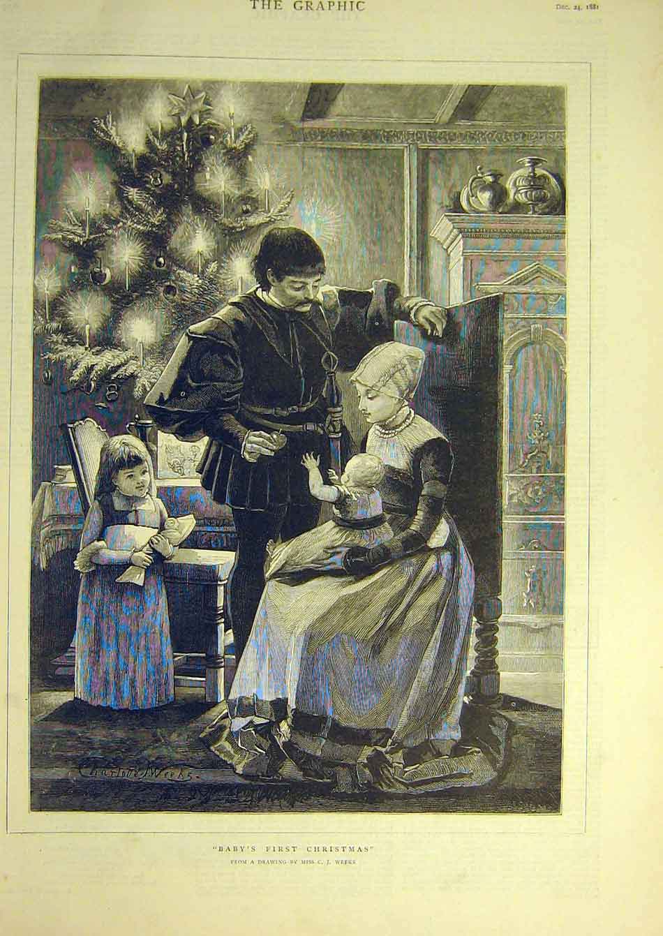 Original Old Antique Print 1881 Baby First Christmas Family Child Weeks Fine Art