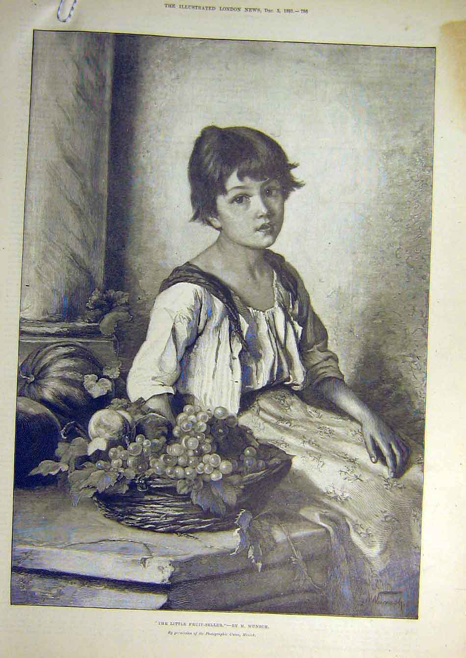 Original Old Antique Print 1891 Little-Fruit-Seller Wunsch Child Girl Basket Art