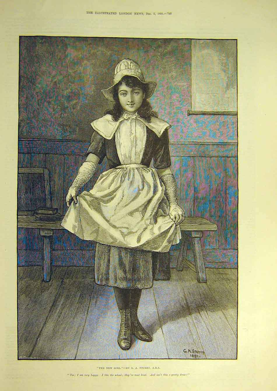 Original Old Antique Print 1891 New-Girl Storey Child Young-Lady Fine Art 19th