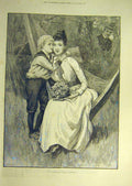 Original Old Antique Print 1893 Love'S Messenger Lady Child Man Romantic Garland