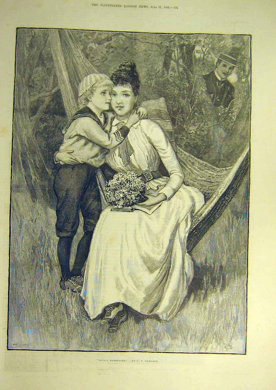Original Old Antique Print 1893 Love'S Messenger Lady Child Man Romantic Garland