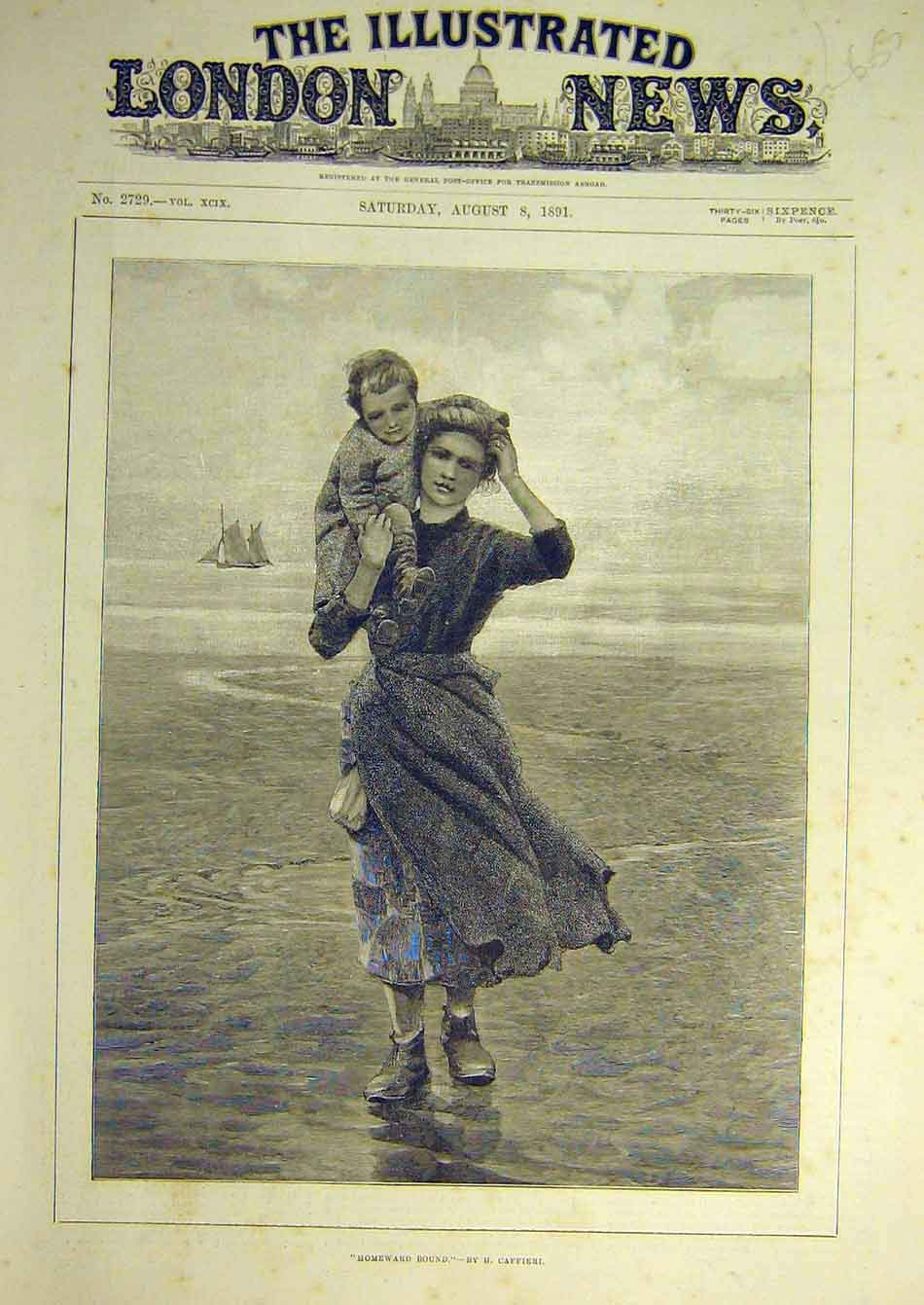 Old Antique Print 1891 Caffieri Homeward-Bound Lady Child Beach Sea-Side 19th