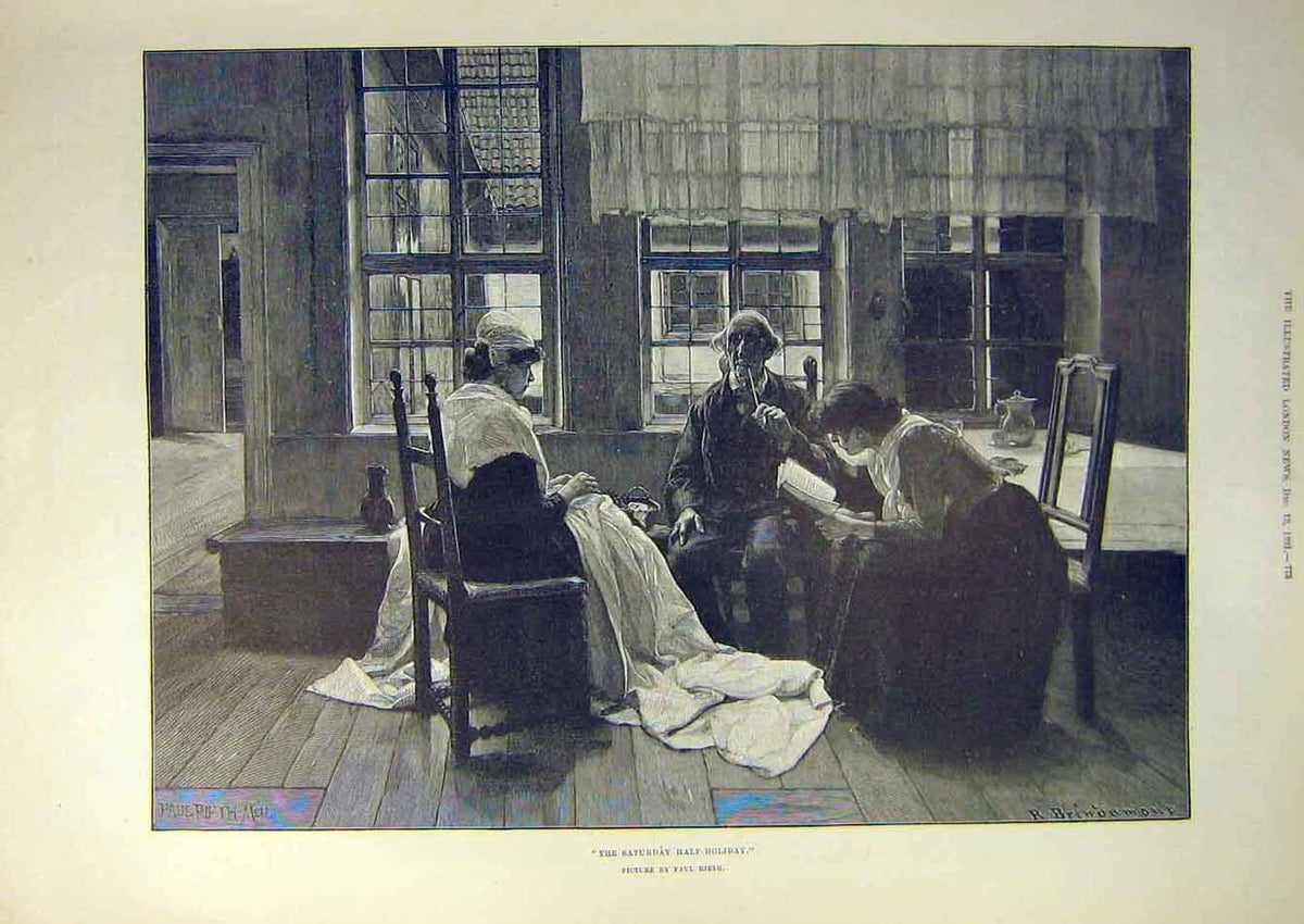 Original Old Antique Print 1891 Saturday-Half-Holiday Rieth People Fine Art 19th