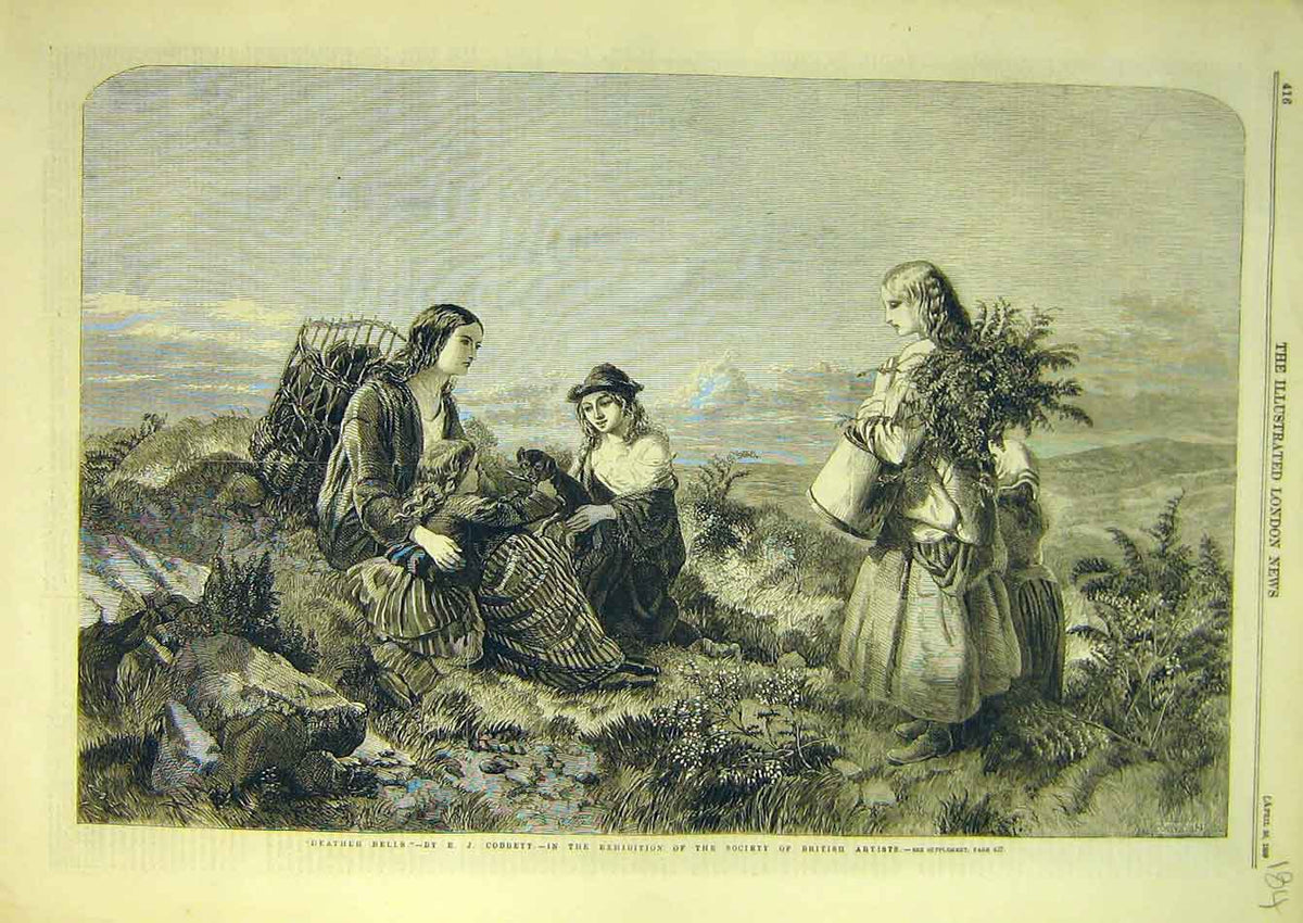 Old Antique Print 1859 Heather Bells Corbett Country Fields Children Lady 19th