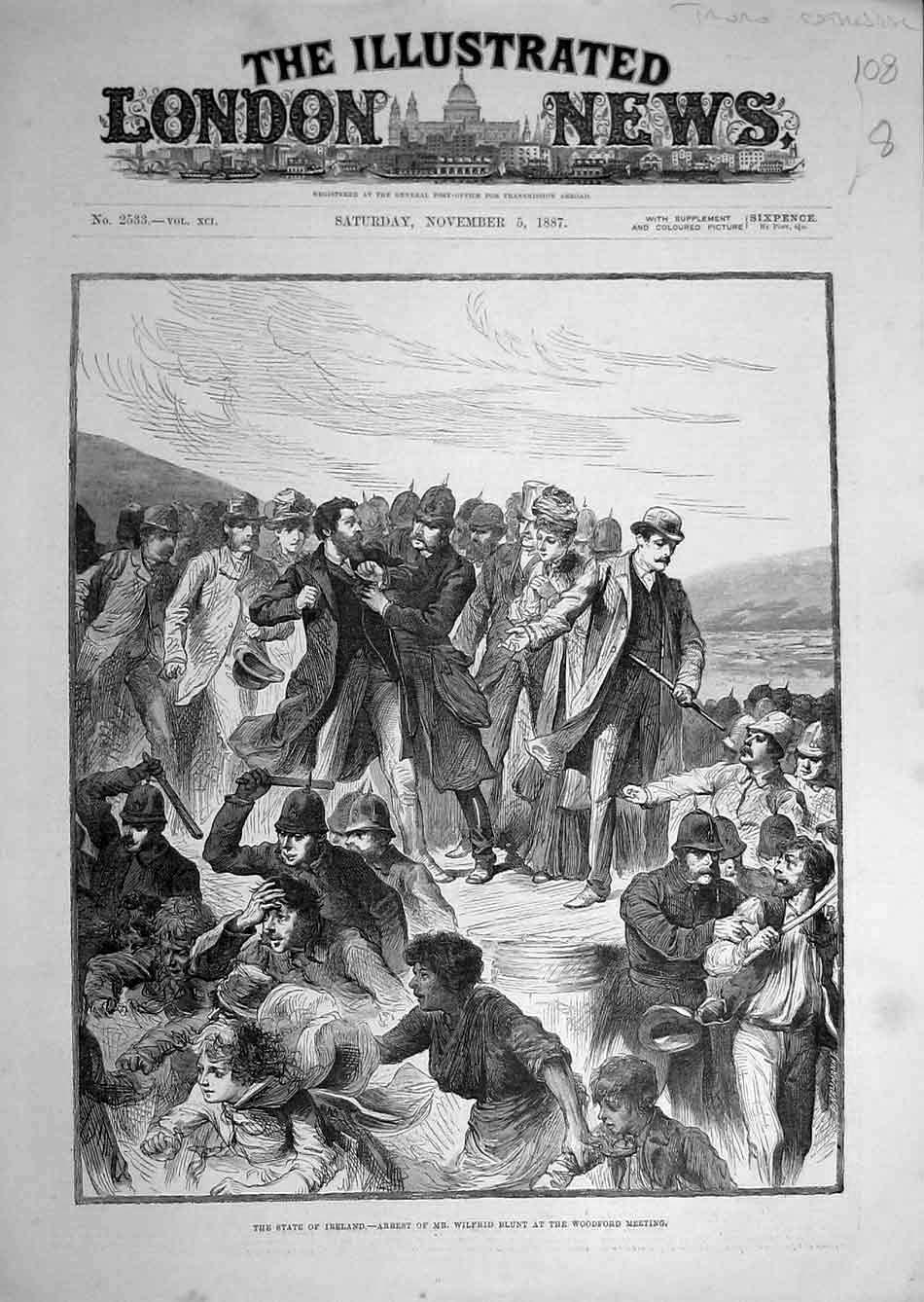 Original Old Antique Print 1887 Ireland Blunt Arrest Woodford Meeting Victorian