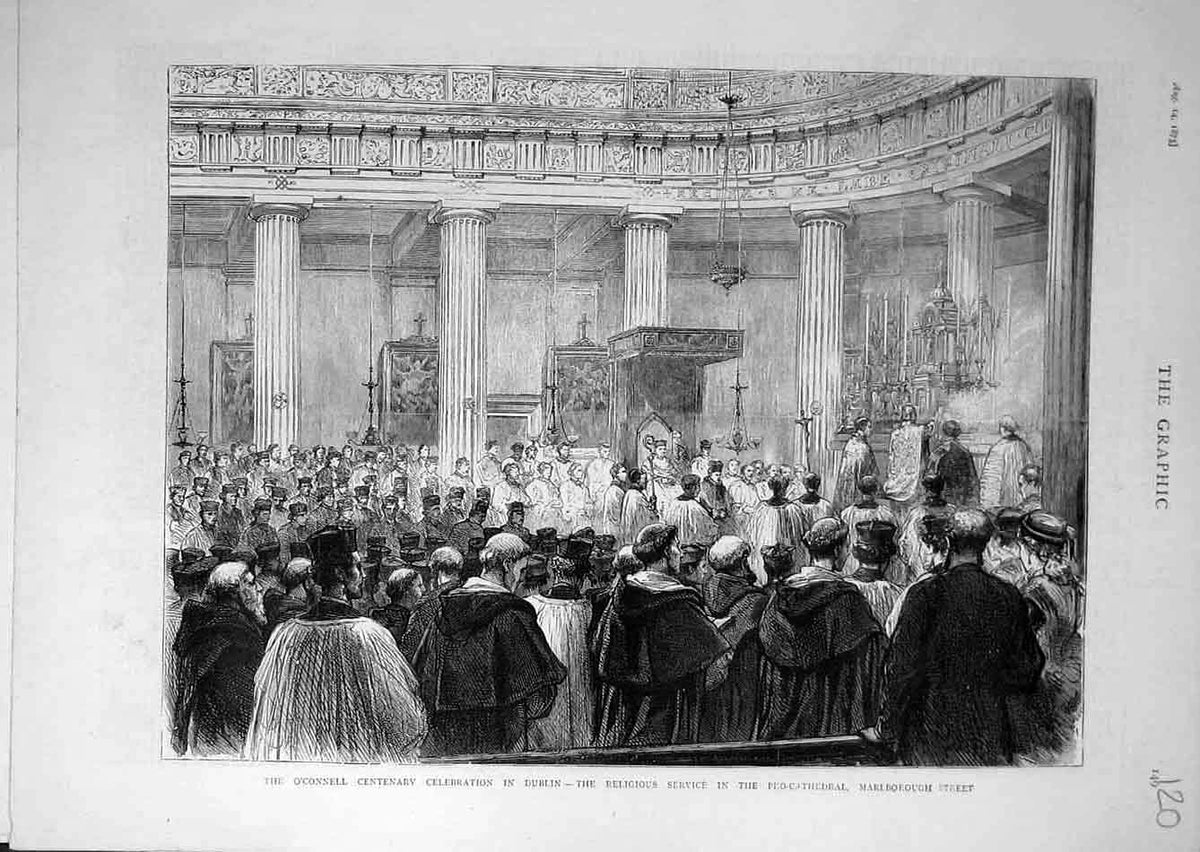 Original Old Antique Print 1875 O'Connell Dublin Ireland Religious Service 19th