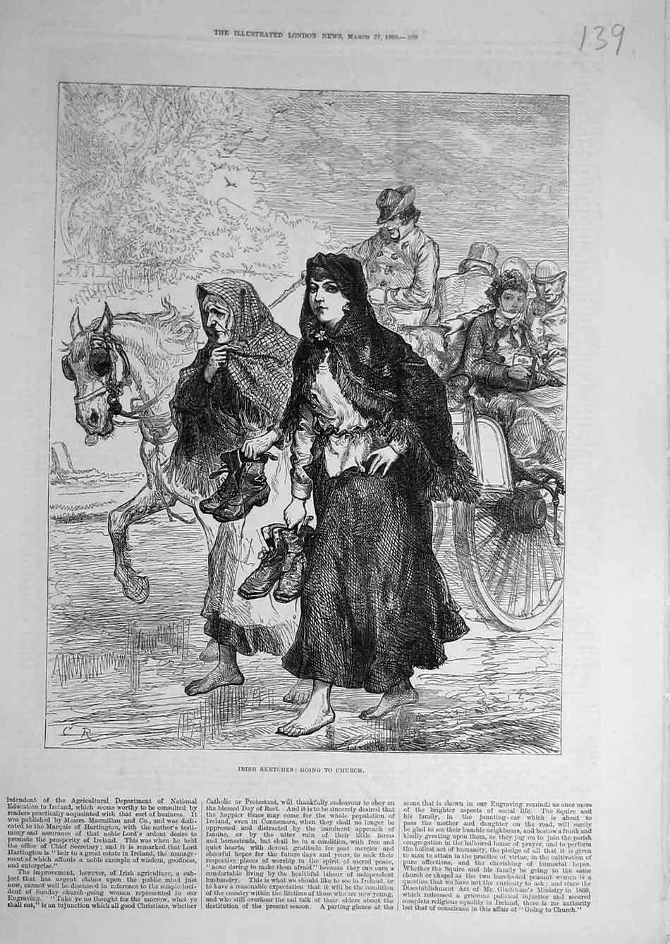Original Old Antique Print 1880 Irish Sketches Going-To-Church People Ireland