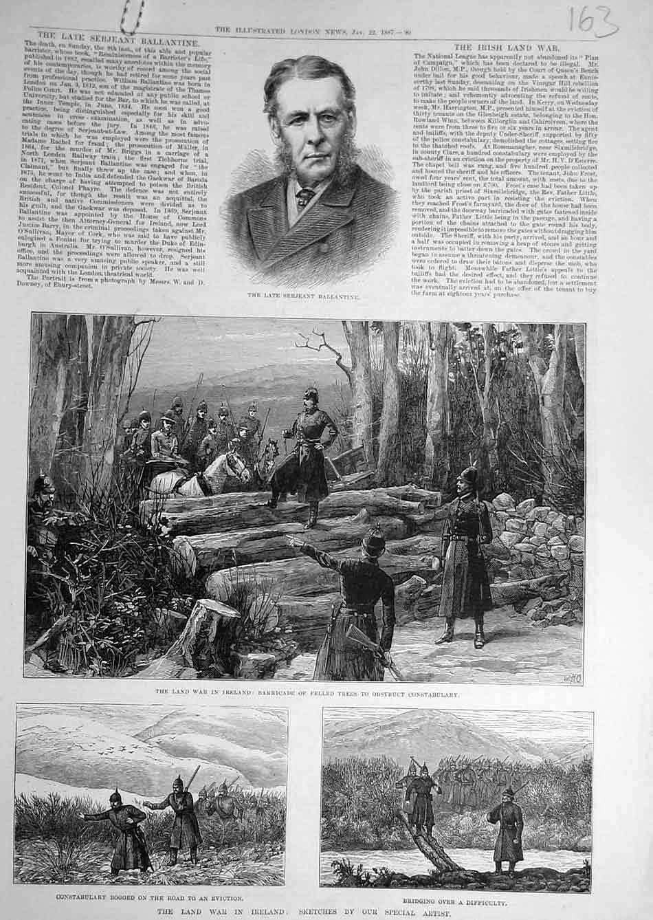Old Antique Print 1887 Ballantine Ireland War Land Sketches Constabulary 19th
