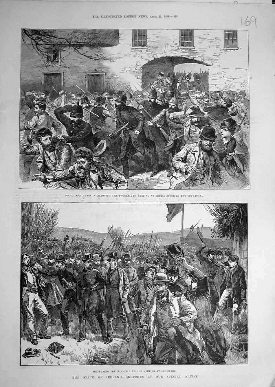 Original Old Antique Print 1888 Ireland Ennis Loughrea Land Leaguepolice Hussars