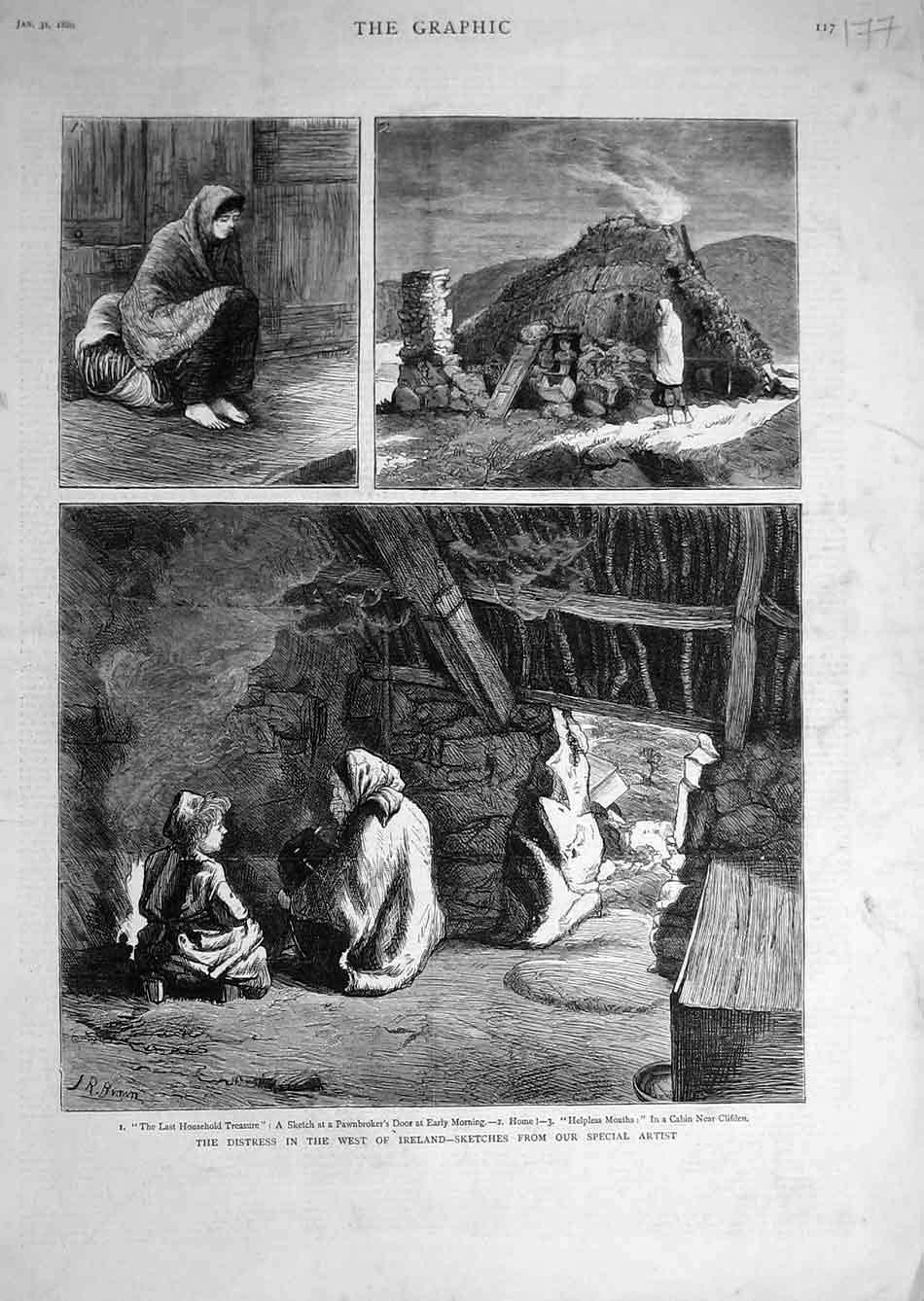Original Old Antique Print 1880 Distress Ireland Sketches Clifden Irish People