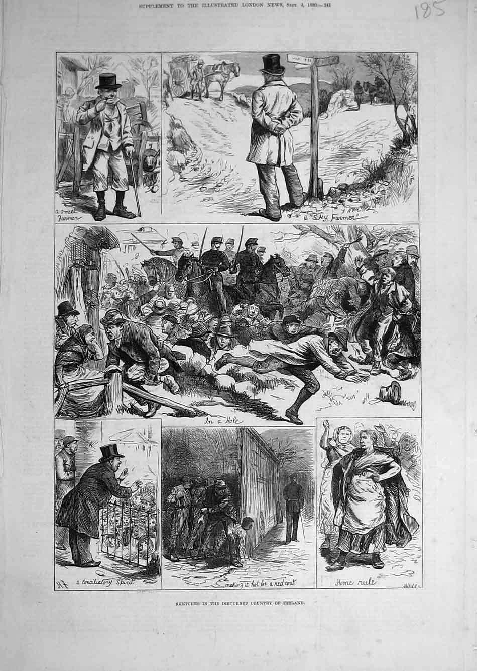 Original Old Antique Print 1880 Sketches Ireland Country People Farmer Home-Rule