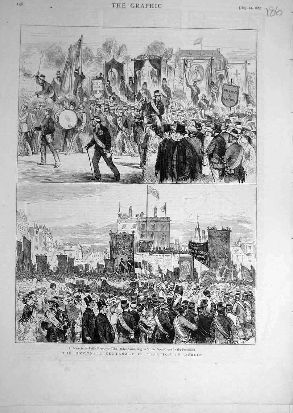 Original Old Antique Print 1875 O'Connell Centenary Celebration Dublin Ireland