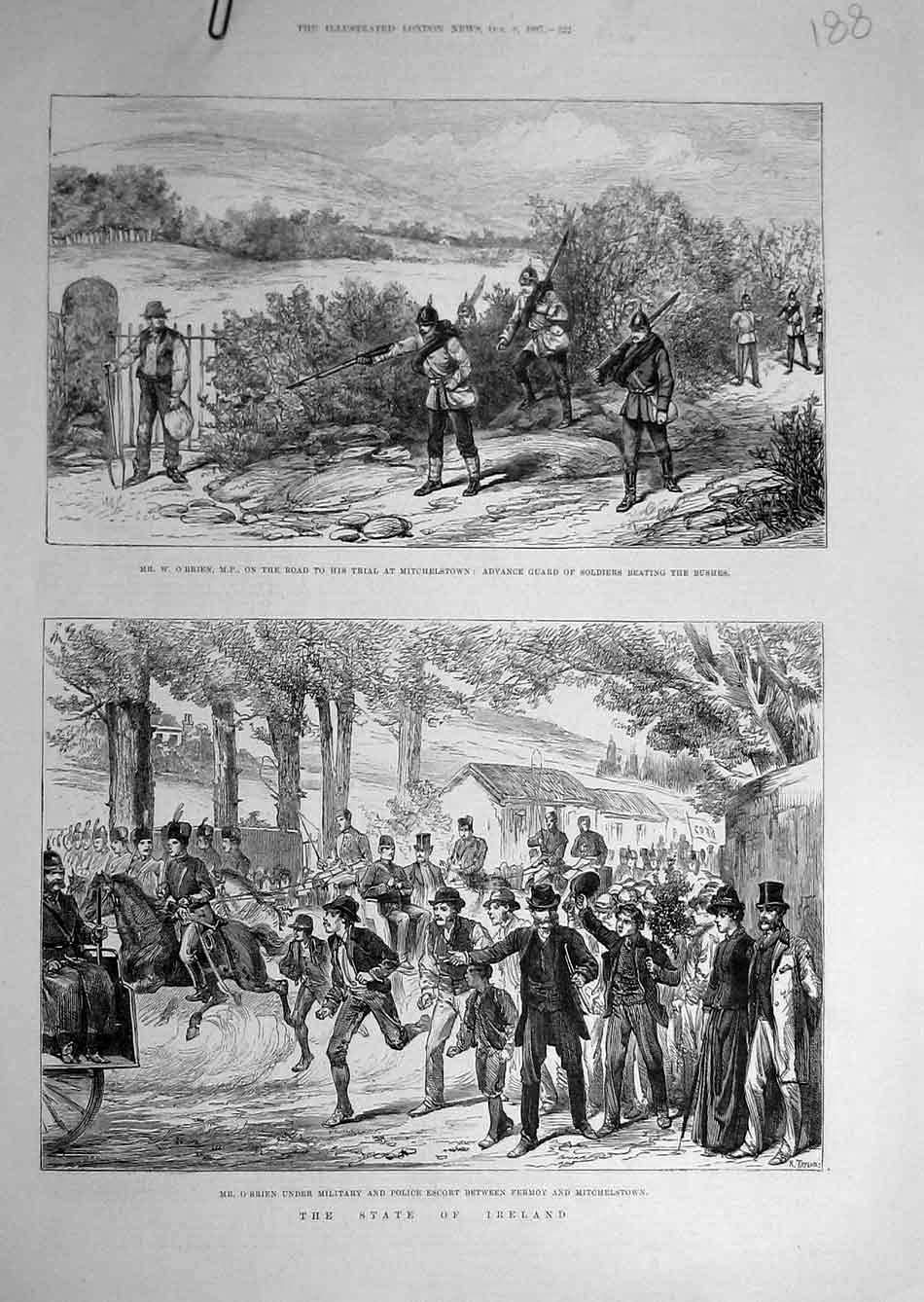 Original Old Antique Print 1887 O'Brien Mitchelstown Siers Military Ireland 19th