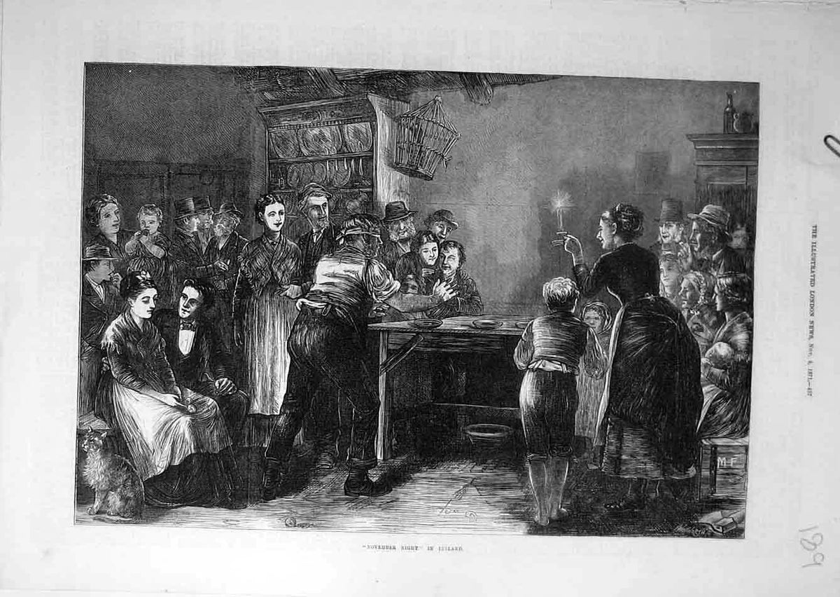 Original Old Antique Print 1871 November Night Ireland People Irish Victorian