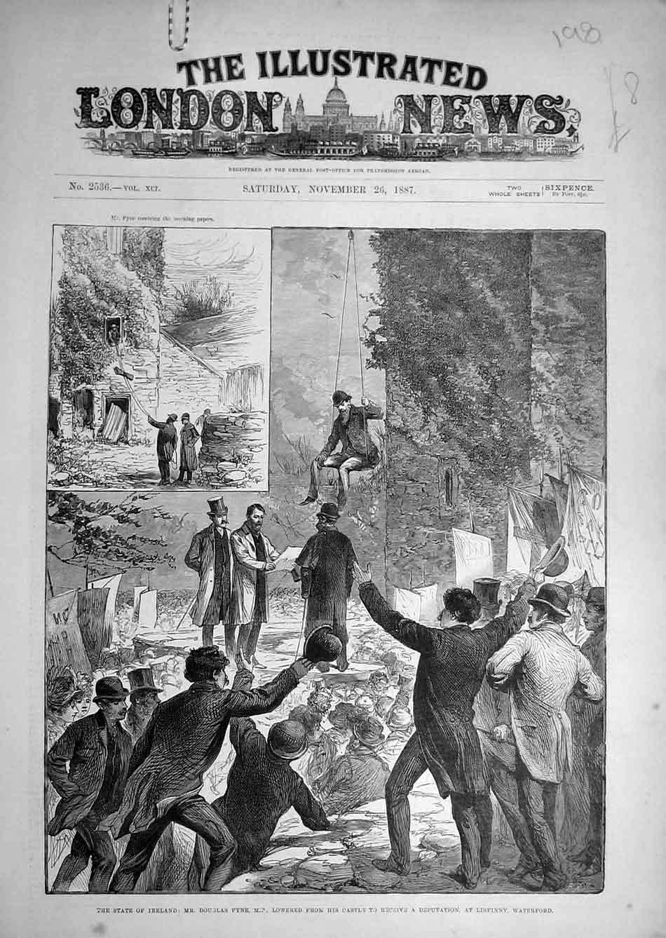 Original Old Antique Print 1887 Ireland Pyne Castle Lisfinny Waterford Irish