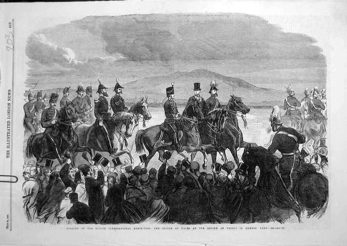Original Old Antique Print 1865 Troops Phoenix Park Prince Wales Review Dublin
