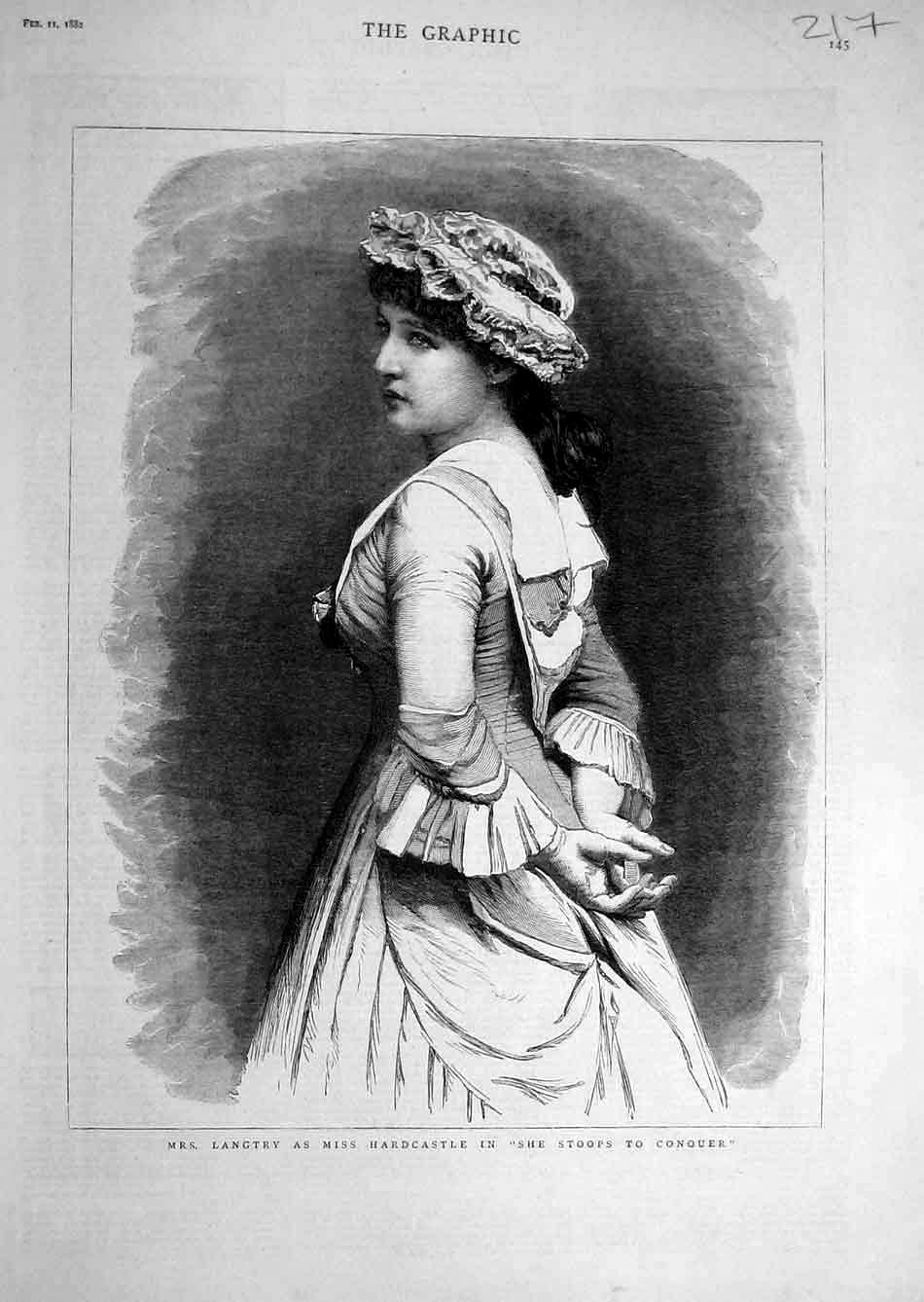 Original Old Antique Print 1882 Langtry Hardcastle Actress Theatre Portrait 19th