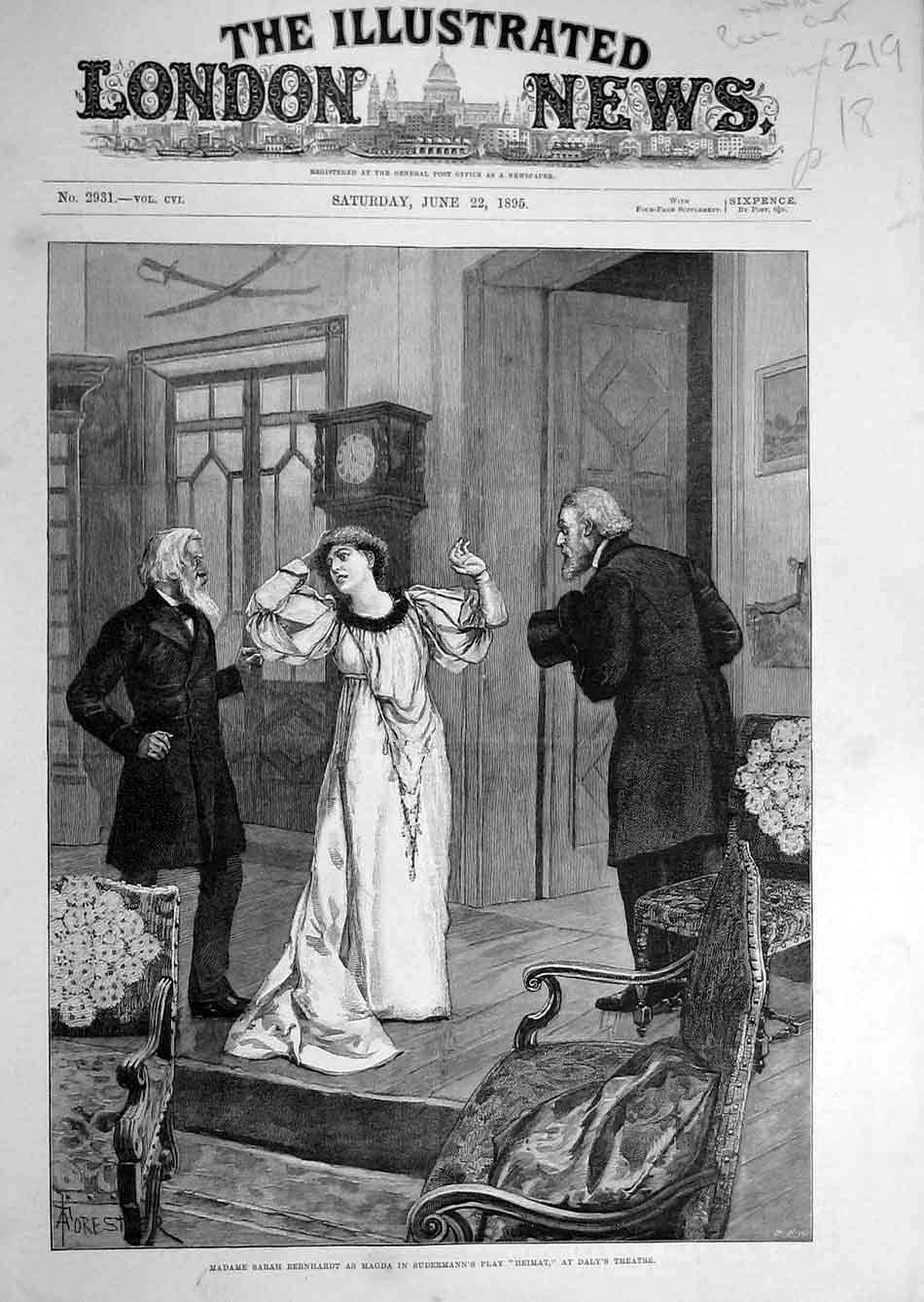 Original Old Antique Print 1895 Bernhardt Magda Heimat Daly Theatre Actress 19th