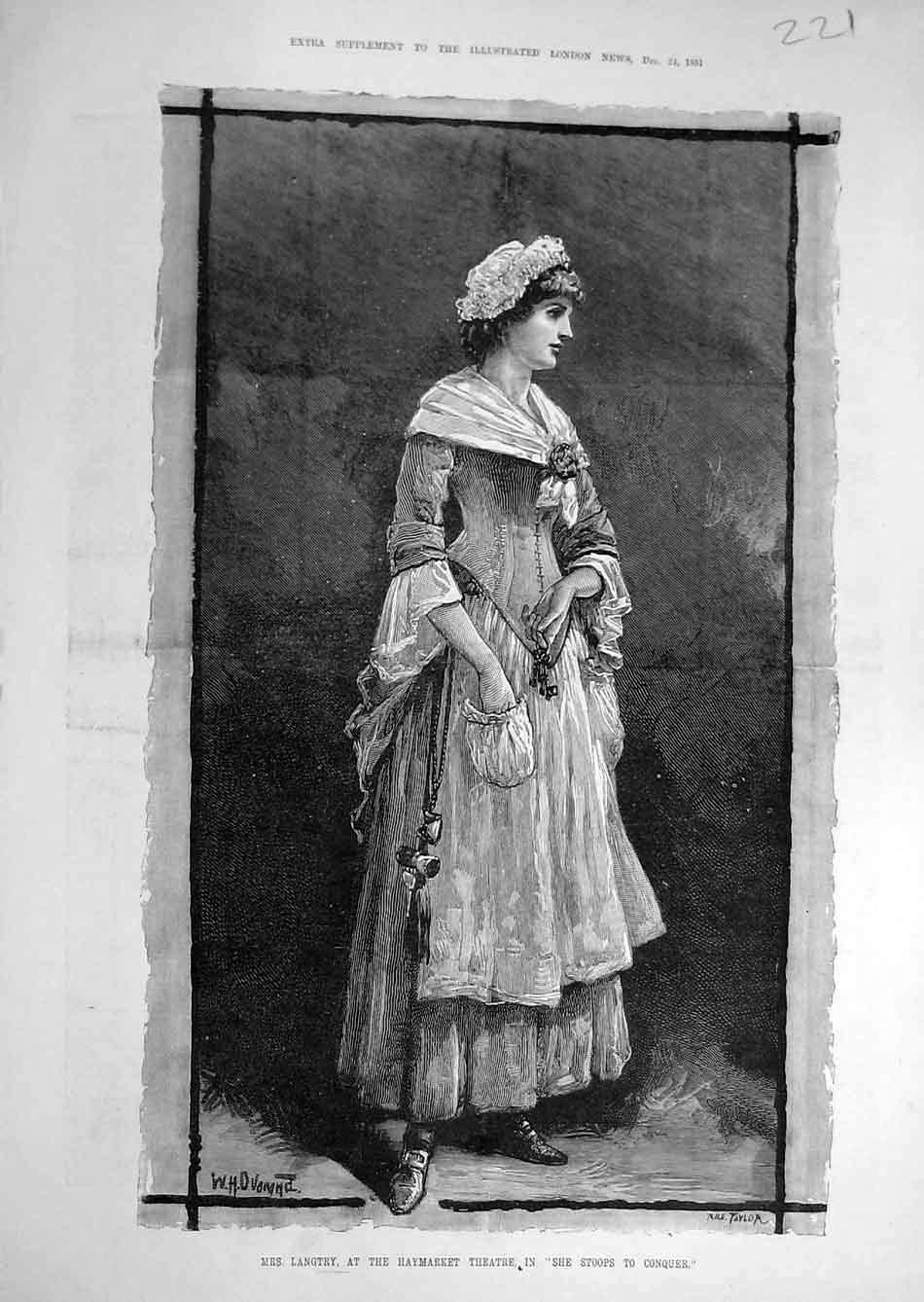 Original Old Antique Print 1881 Langtry Haymarket Theatre Actress Portrait 19th