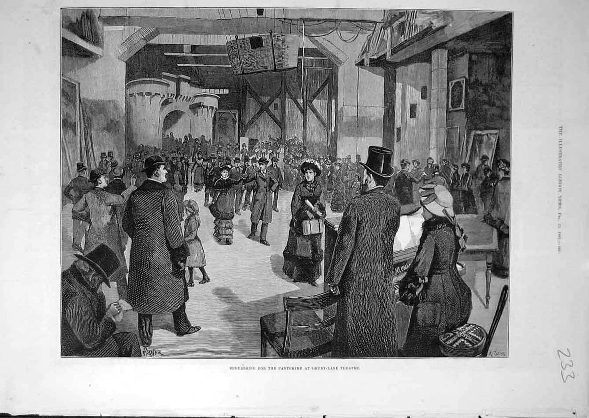 Original Old Antique Print 1882 Pantomime Drury-Lane Theatre Rehearsal Victorian