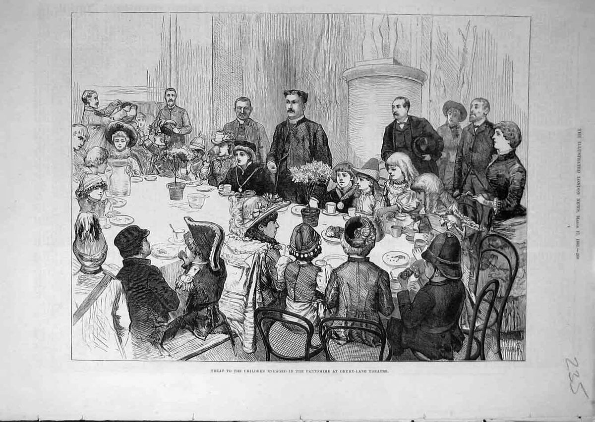 Original Old Antique Print 1883 Children Pantomime Drury-Lane Theatre Treat 19th