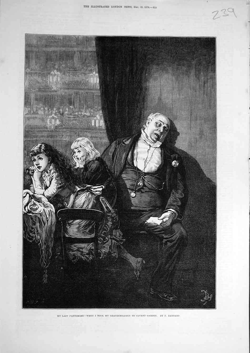 Original Old Antique Print 1876 Pantomime Grandchildren Covent Garden Barnard