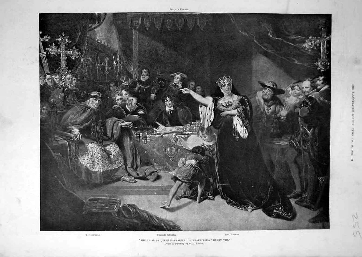 Old Antique Print 1892 Trial Queen Katharine Shakespeare Henry-Viii Scene 19th