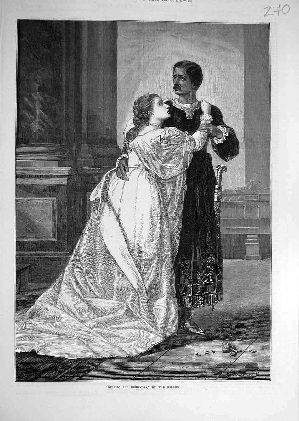 Original Old Antique Print 1874 Othello Desdemona Herrick Lady Man Theatre 19th