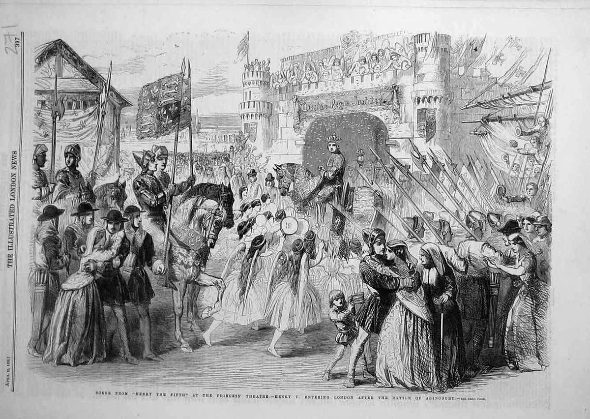 Original Old Antique Print 1859 Scene Henry Fifth Princess Theatre Agincourt
