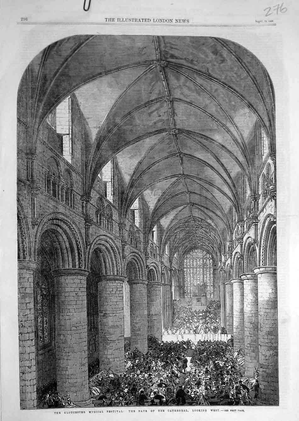 Original Old Antique Print 1865 Gloucester Cathedral Music Festival Nave 19th
