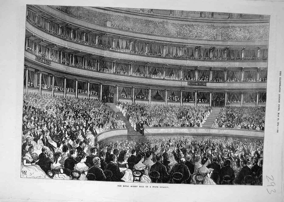 Old Antique Print 1874 Royal Albert Hall State Occasion Theatre Audience 19th