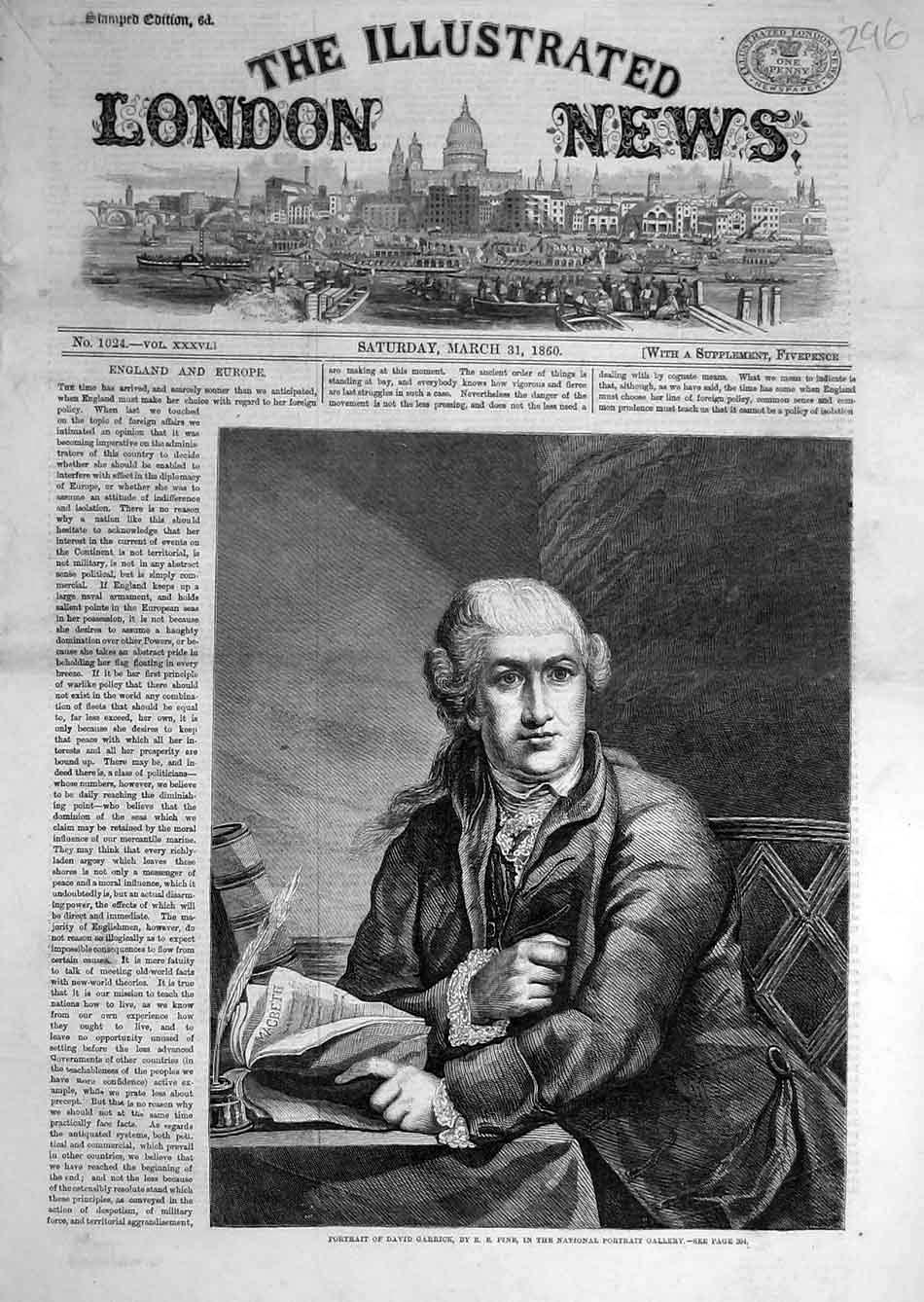 Original Old Antique Print 1860 Portrait Garrick Pine 19th Century