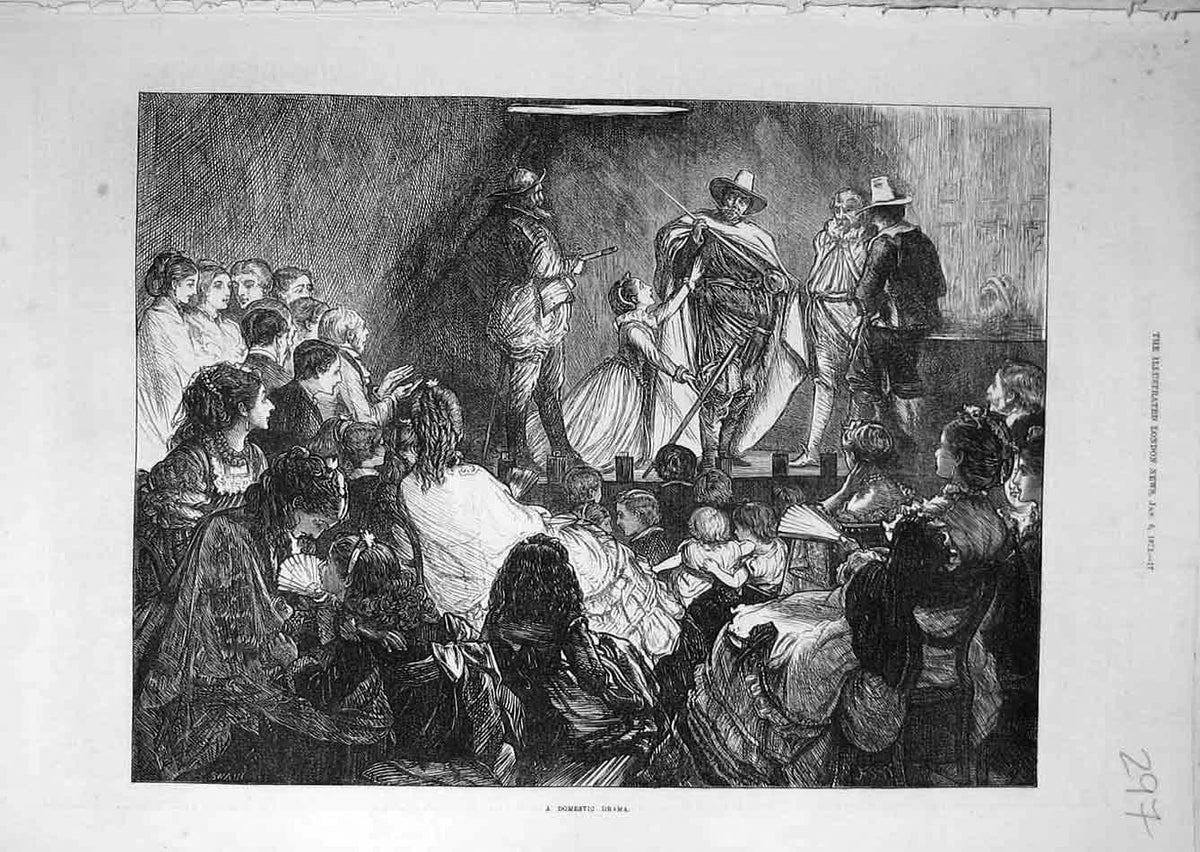 Original Old Antique Print 1872 Domestic Drama Theatre Audience Stage Actors