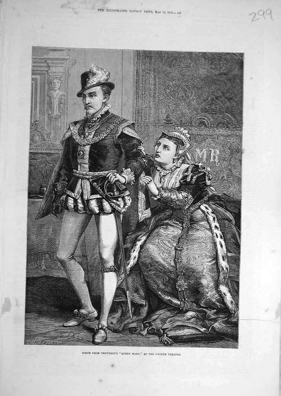 Original Old Antique Print 1876 Scene Tennyson Queen Mary Lyceum Theatre 19th
