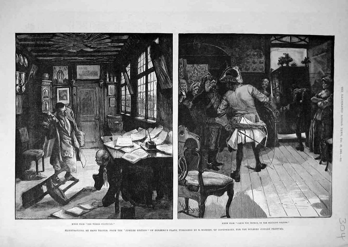 Original Old Antique Print 1884 Tegner Holberg Plays Theatre Tinker Sier 19th