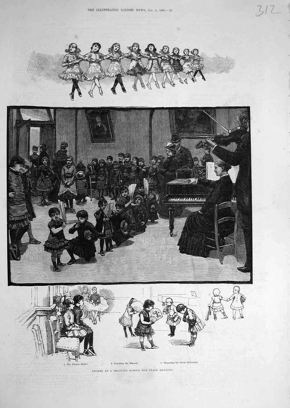 Original Old Antique Print 1884 Etches Training School Stage Dancing Children